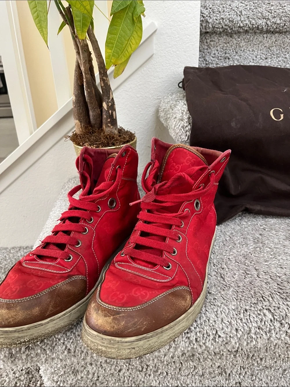 Gucci Mens Red Suede High-Top Sneakers
